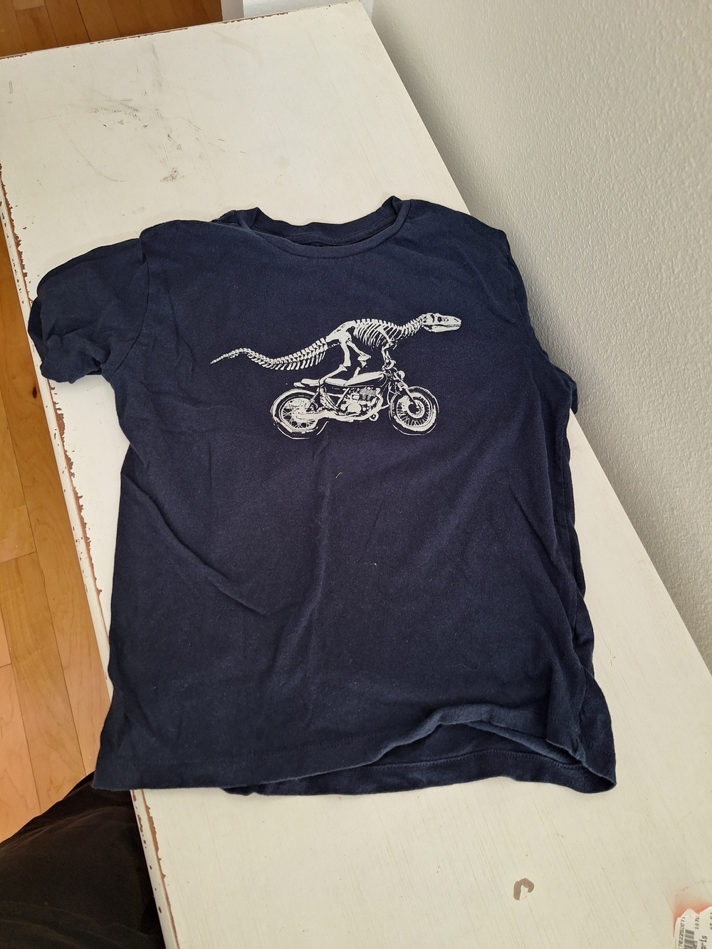 Old Navy Navy Blue Kids Tee with White Dinosaur Motorcycle Graphic